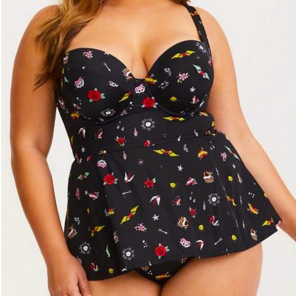 Torrid Tattoo print underwire peplum 1 piece swimsuit 2XL